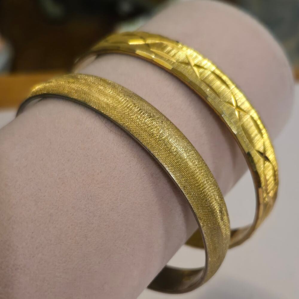 Vintage MONET Signed Gold Tone Bangle Bracelet Set Stackable Textured Pair